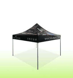 A heavy-duty black gazebo with a printed design, featuring a peaked top and four sturdy legs.