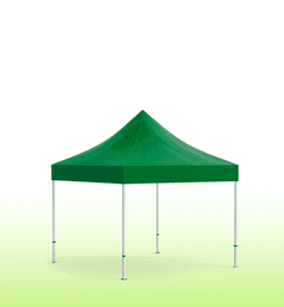 A green heavy-duty gazebo with a peak roof and silver legs, set against a gradient background.