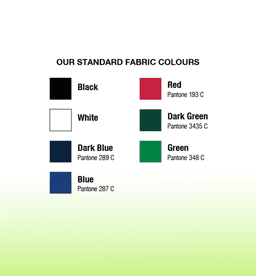 A colour chart featuring standard fabric colours: black, white, red, dark green, green, dark blue, and blue.