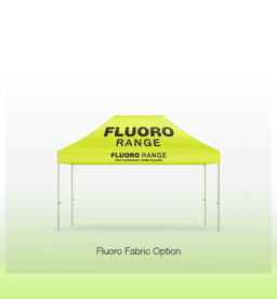 A bright yellow heavy-duty gazebo with a peaked roof and a logo, designed for outdoor use.