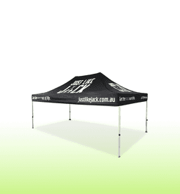 A black printed gazebo with white branding, featuring a sturdy frame and a peaked top.