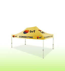 A yellow printed gazebo with a triangular roof and metal legs, featuring a logo and text on the canopy.