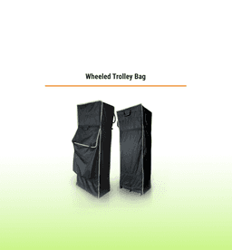 A wheeled trolley bag in black with a zip closure and exterior pocket, featuring a sturdy design for easy transport.