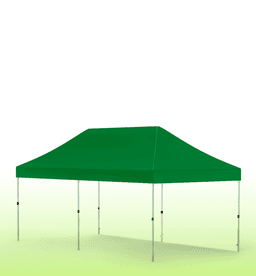 A green heavy-duty gazebo tent with a peaked roof and adjustable legs, set against a light background.