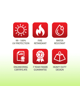 Six red icons highlighting features: UV protection, fire retardant, water resistant, engineering certificate, 7-year frame guarantee, heavy-duty design.