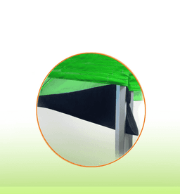 A green and black gazebo marquee gutter kit with a close-up view of the fabric and attachment points.