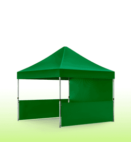 A green marquee gazebo with a peaked roof and side walls, featuring metallic frame supports.