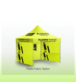 A bright yellow gazebo with double-sided printed walls featuring logos and branding.