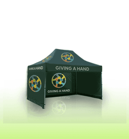 A green gazebo marquee featuring a printed design with a logo and text "GIVING A HAND" on the roof and walls.