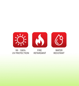 Icons displaying product features: UV protection, fire retardant, and water resistant. All icons are in red on a gradient background.