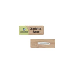 A bamboo badge featuring a branded logo and space for a name, with a white clip on the back.
