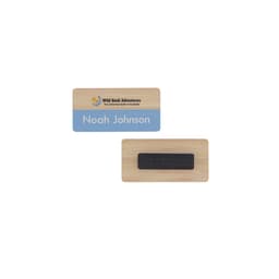 A bamboo staff badge with a blue section, featuring a logo and a black magnetic strip on the back.