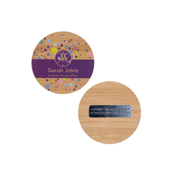 A round, 75mm bamboo tag featuring a colourful design on one side and a silver magnet on the reverse.