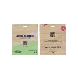 Bamboo tags in a natural finish, featuring a slot for attachment and a logo, with space for QR codes and contact details.