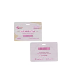 A bamboo tag featuring pink elements, one slot, displaying a name and contact details on both sides.
