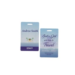 Two bamboo tags featuring a hole at the top, one in light blue with palm trees and the other in a gradient design.