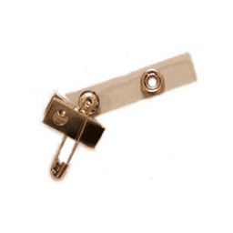 A loop plastic attachment featuring an alligator clip, pin, and a beige strap. Includes a circular metal button.