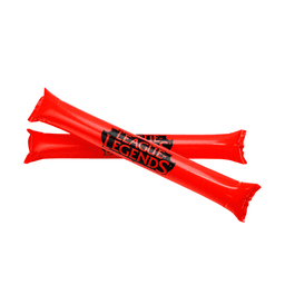 Two inflatable noisemakers in bright red, featuring a logo in black, positioned on a white background.