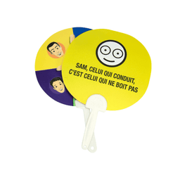 A hand fan featuring bright yellow and purple colors with a logo and cartoon characters.