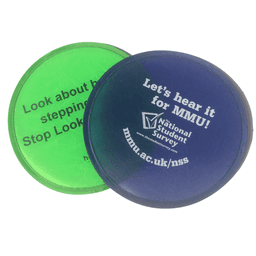 A foldable frisbee in green and blue, featuring a logo and various printed texts on both sides.