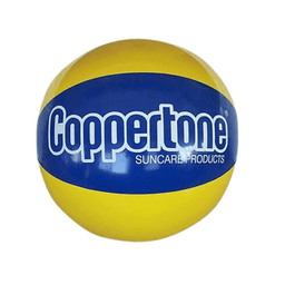 A beach ball featuring yellow and blue panels, with a logo printed on the surface.
