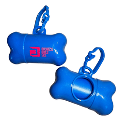 A pet waste dispenser in a bone shape, featuring a blue finish and a clip for easy attachment.