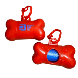 A pet waste dispenser in red, shaped like a bone, with a logo and a blue roll of bags inside.