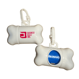 A pet waste dispenser in the shape of a bone, featuring a blue interior and a logo. The colour is predominantly white.