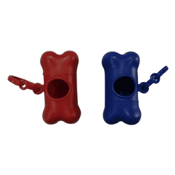 A red and a blue pet waste bag dispenser in a bone shape, featuring a clip for attachment and a logo.