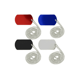 A set of dog tag necklaces in red, blue, black, and silver, each attached to a silver ball chain.