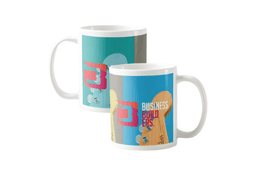 A white coffee mug featuring a colourful design and a logo, suitable for sublimation printing.