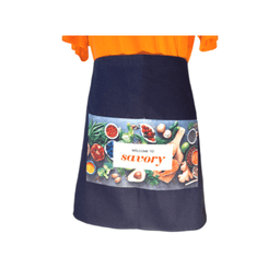 A blue cotton waist apron featuring a colourful food design and a logo on the front. Bulk packed for distribution.
