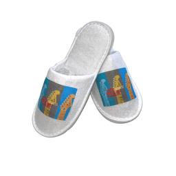A pair of white slippers featuring a full-colour logo with guitar designs.