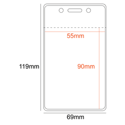 A clear PVC pocket holder in portrait orientation, sized 55x90mm, featuring a ziplock and one slot.