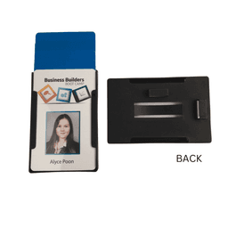 A plastic rigid multiple card holder in black, showcasing a front and back view with slots for cards.