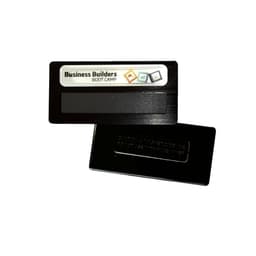 A DIY staff badge featuring a black finish with an epoxy label and magnet, designed for custom branding.
