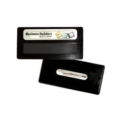 A black staff badge holder with a magnetic back and an attached clip, featuring an epoxy label area.