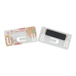 A promotional DIY staff badge in white, featuring a design on one side and a magnetic backing on the other.