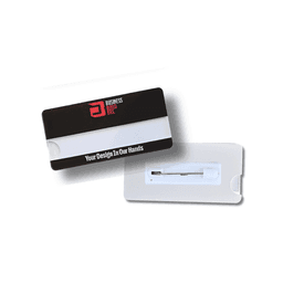 A staff badge featuring a black and white design with a logo and a pin fastening on the back.