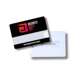 A staff badge featuring a black front with a logo, a white back, and a pin attachment.