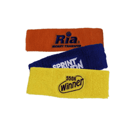 Three headbands in orange, blue, and yellow, each featuring a logo. Soft, absorbent material designed for headwear.