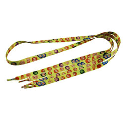 Colourful bootlaces, 15mm wide and up to 1.4m long, featuring a playful pattern of various faces. Includes a logo.
