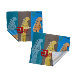 A lens cleaning cloth featuring colourful guitar designs, double-sided with a printed logo.