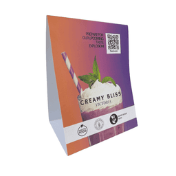 A table tent sign in purple and orange hues, made of 350gsm eco paper, featuring a logo and promotional imagery.