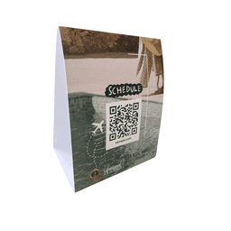 A table tent sign made of eco paper, featuring a QR code, with a water-themed design and a logo.