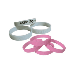 Silicone wristbands in pink and white, some debossed with text, featuring a logo on one band.