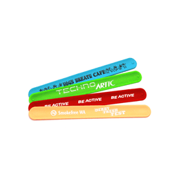 Four silicone slap bands in blue, green, red, and orange, featuring various logos and text.
