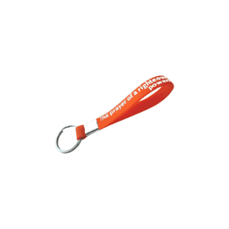 An orange silicone key tag with a metal ring, featuring a printed design.