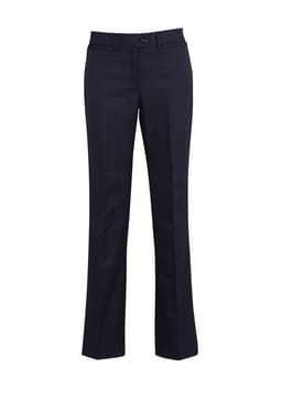 A pair of dark navy relaxed pants with a straight leg and front pockets. The pants feature a button closure and a logo.
