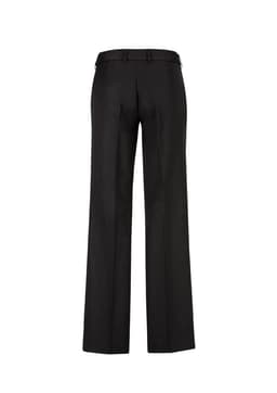 A pair of women's black adjustable waist pants with a straight-leg design and a back view.